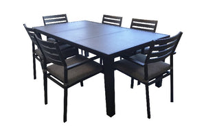 Table avec surface à 3 panneaux de céramique et structure en aluminium. - Piscines Soucy